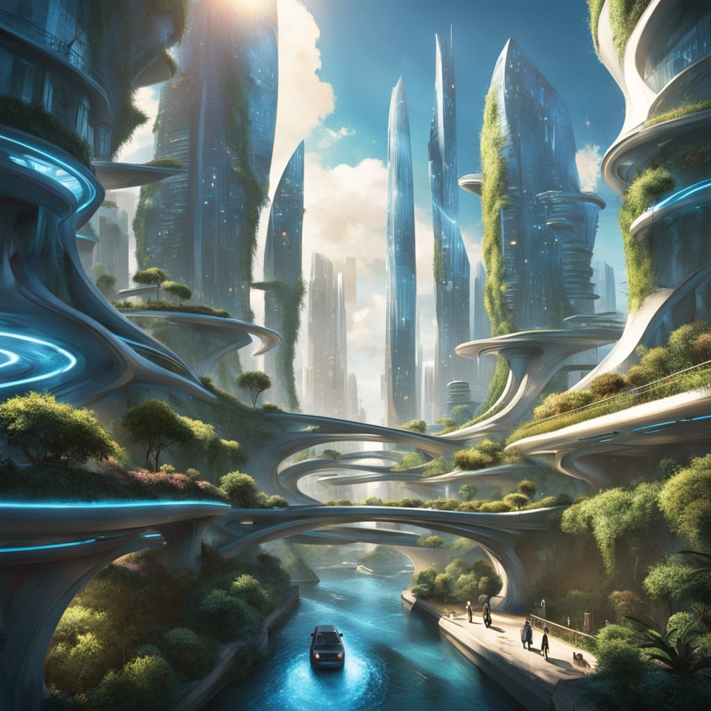 Serene Futuristic City with Nature in Digital Illustration S...