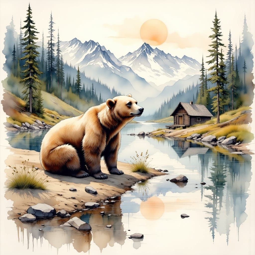 Grizzly Bear by Yukon River in Watercolor