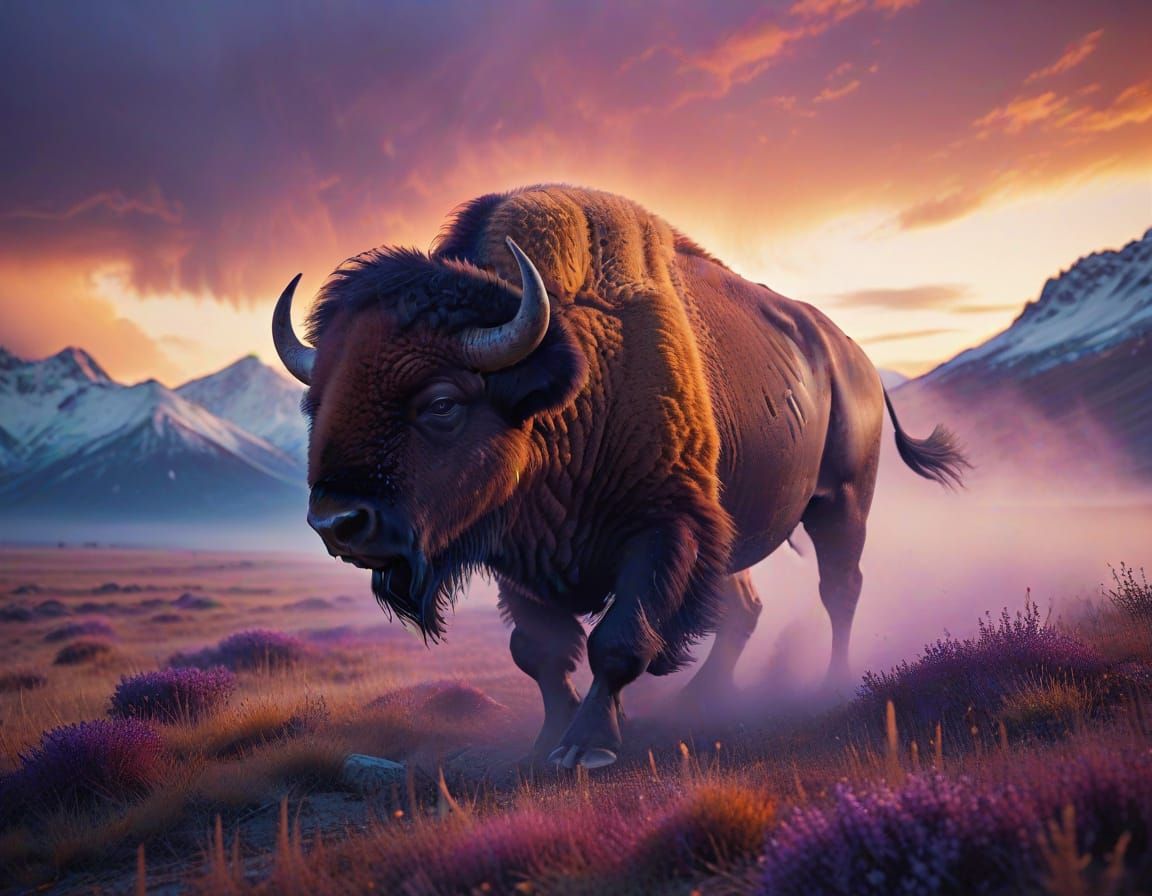 Surreal Bison in Dreamlike Landscape with Vibrant Colors