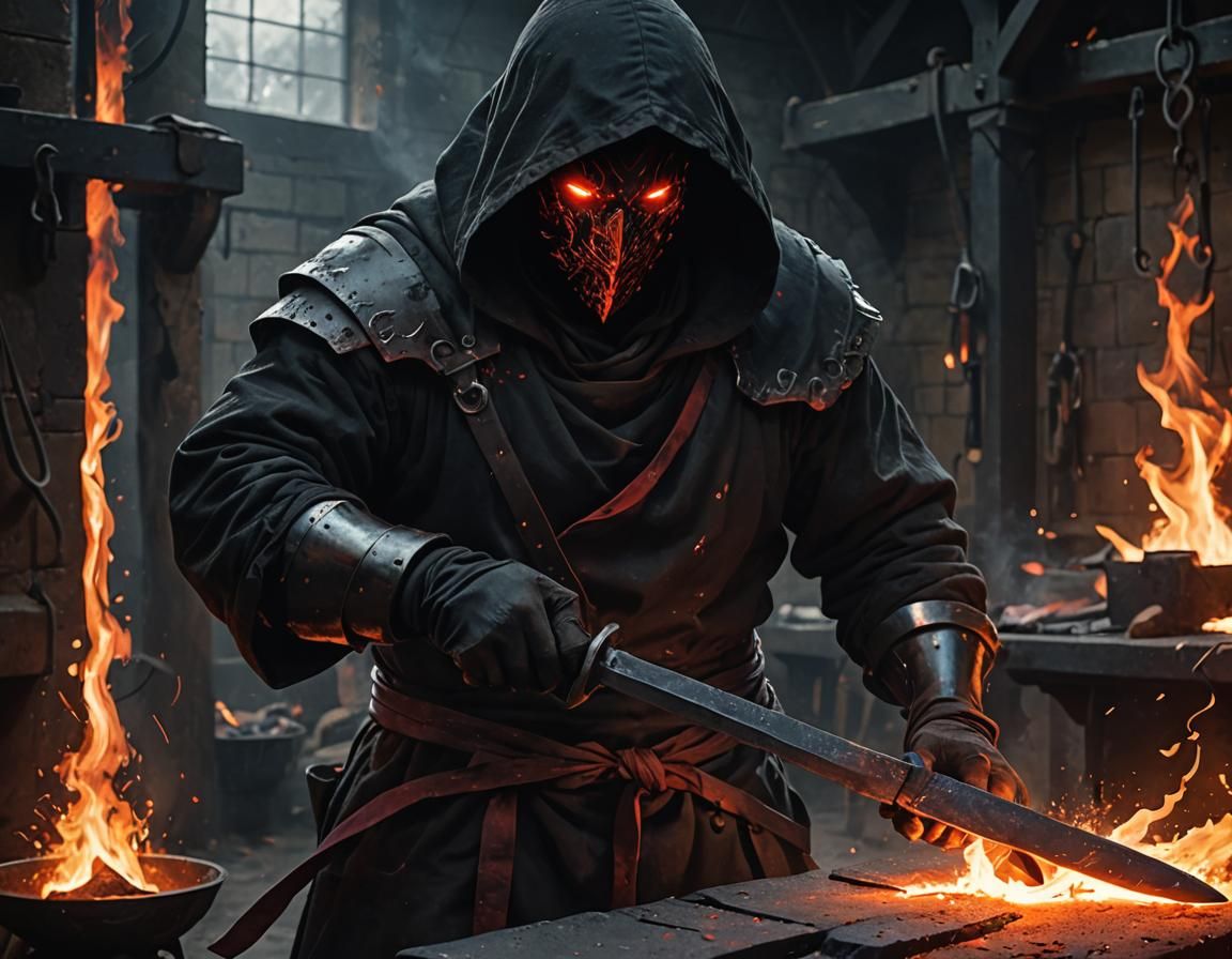 Blacksmith Forging a Blade with Black Flames
