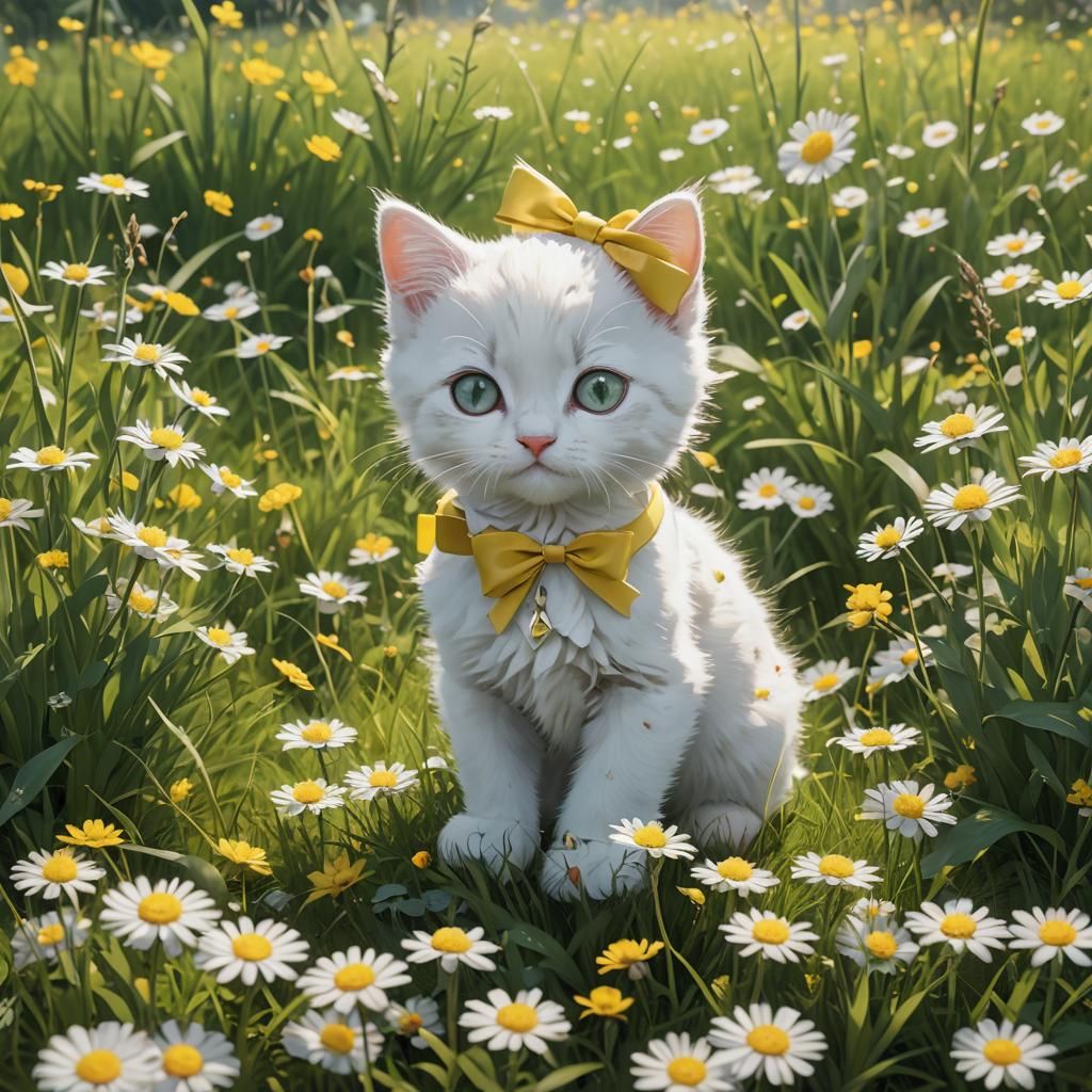 White Kitten in Meadow: 3D Anime Art