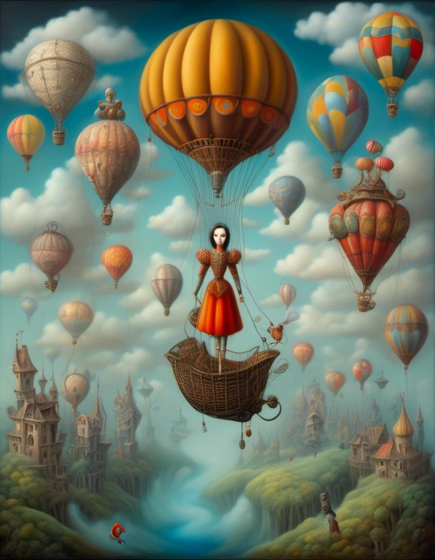 Whimsical Woman Walking on Clouds, Surrealist Art