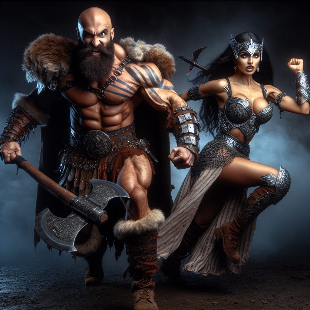 The human fierce bearded and bald barbarian and the beautiful warrior woman make a formidable team.