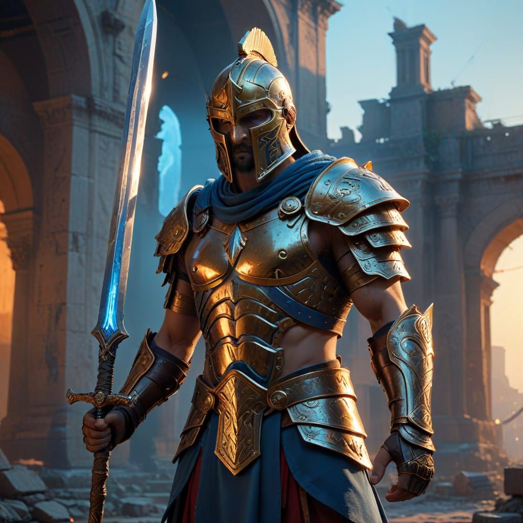 Roman Gladiator Maximus in the Coliseum, Standing Tall with ...