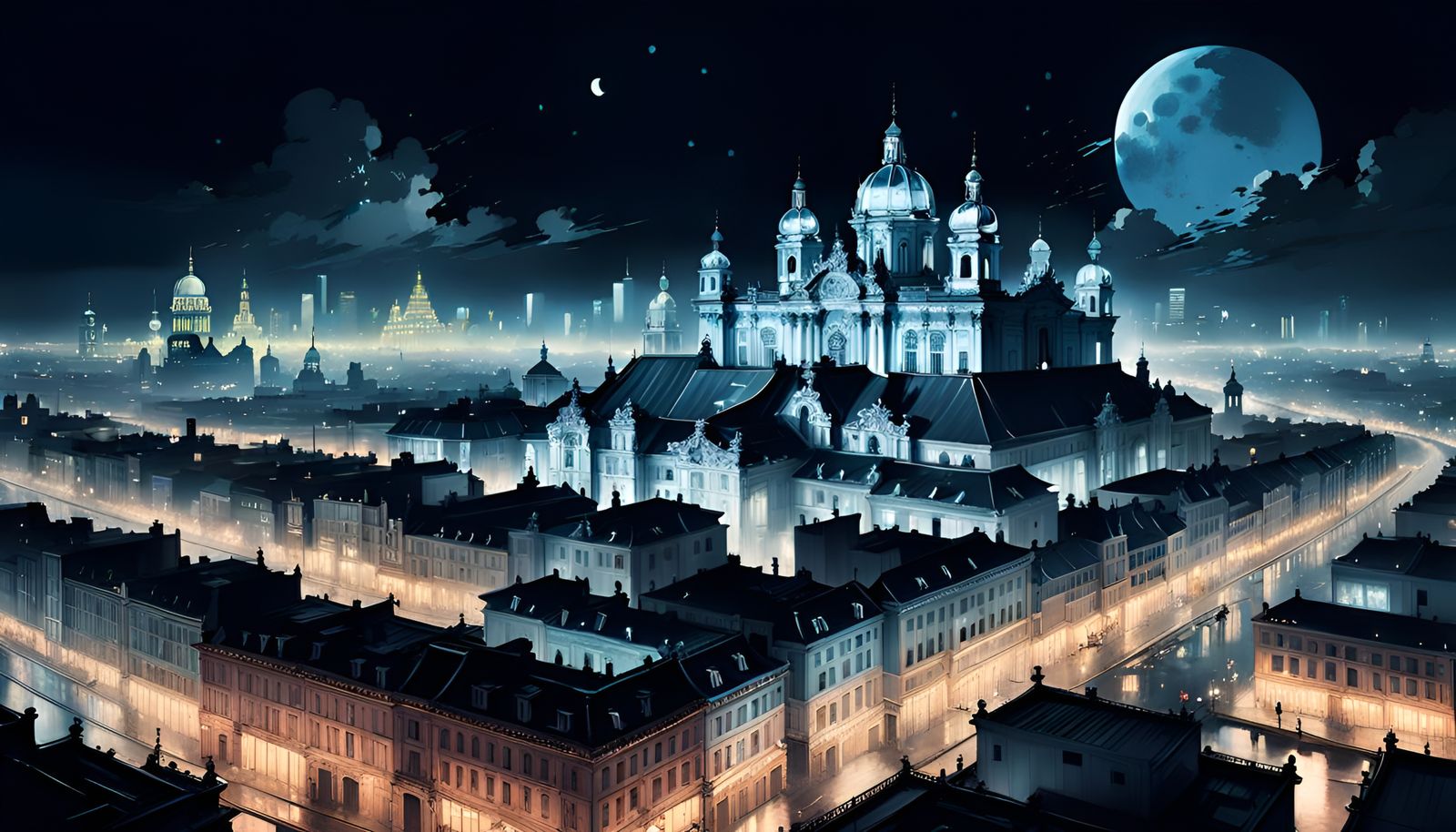 Ethereal Rococo Cityscape at Night in Vivid Colors