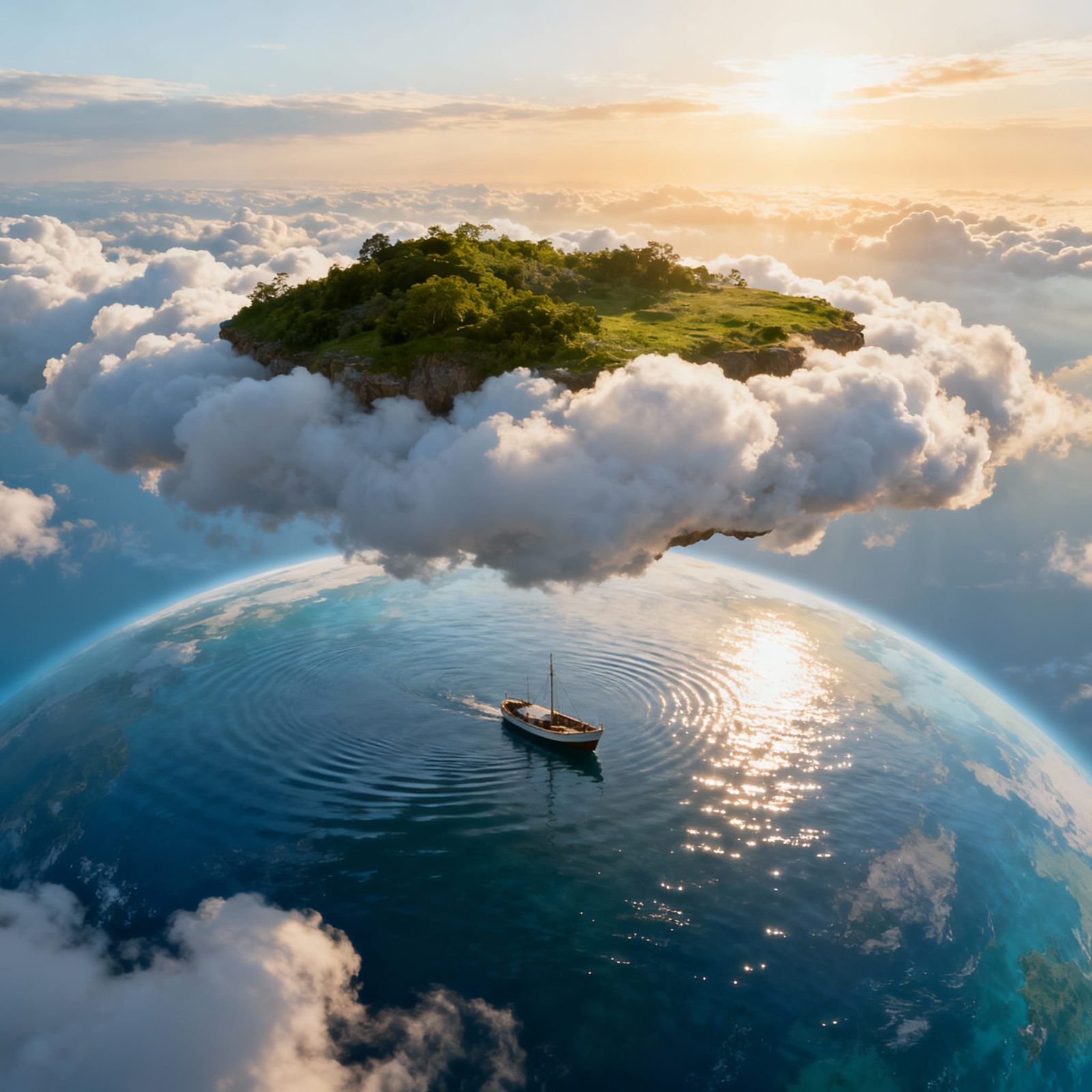 an island floats above a cloud while boat sail below across ...