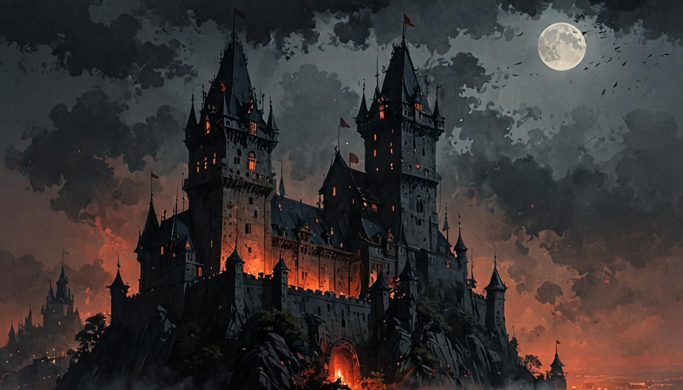 Moonlit Castle Tower in Sumi-e Style