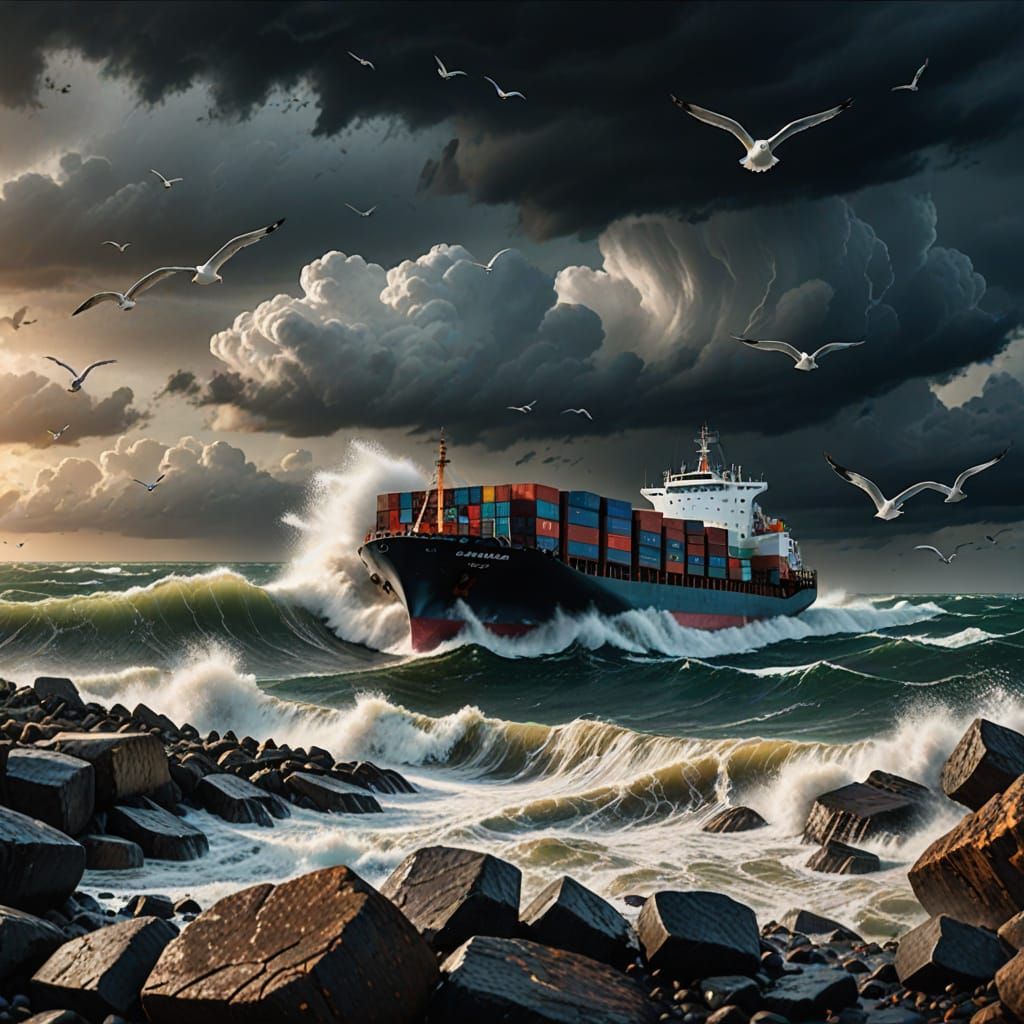 Cargo Ship Aground on Stormy Coast