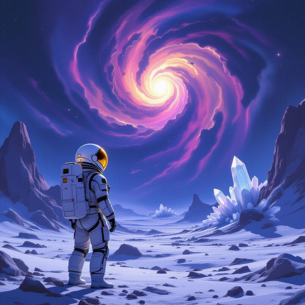 Astronaut Gazes at Swirling Nebula on Alien Planet