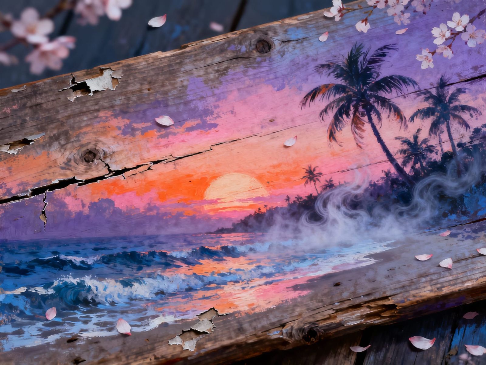 Island Sunset Painting on Textured Wood Board