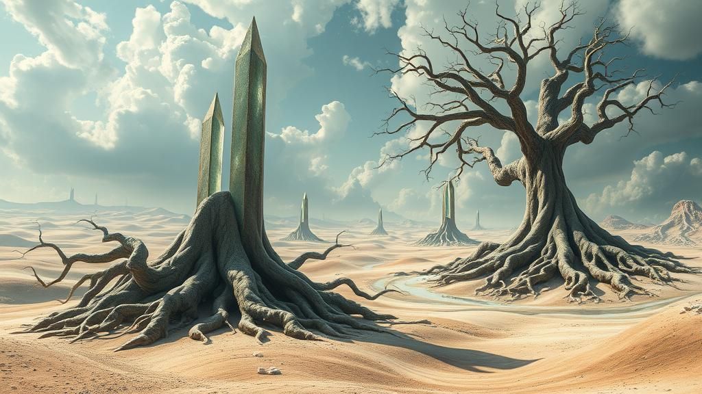 Surreal Dreamscape with Melting Skies and Obelisks