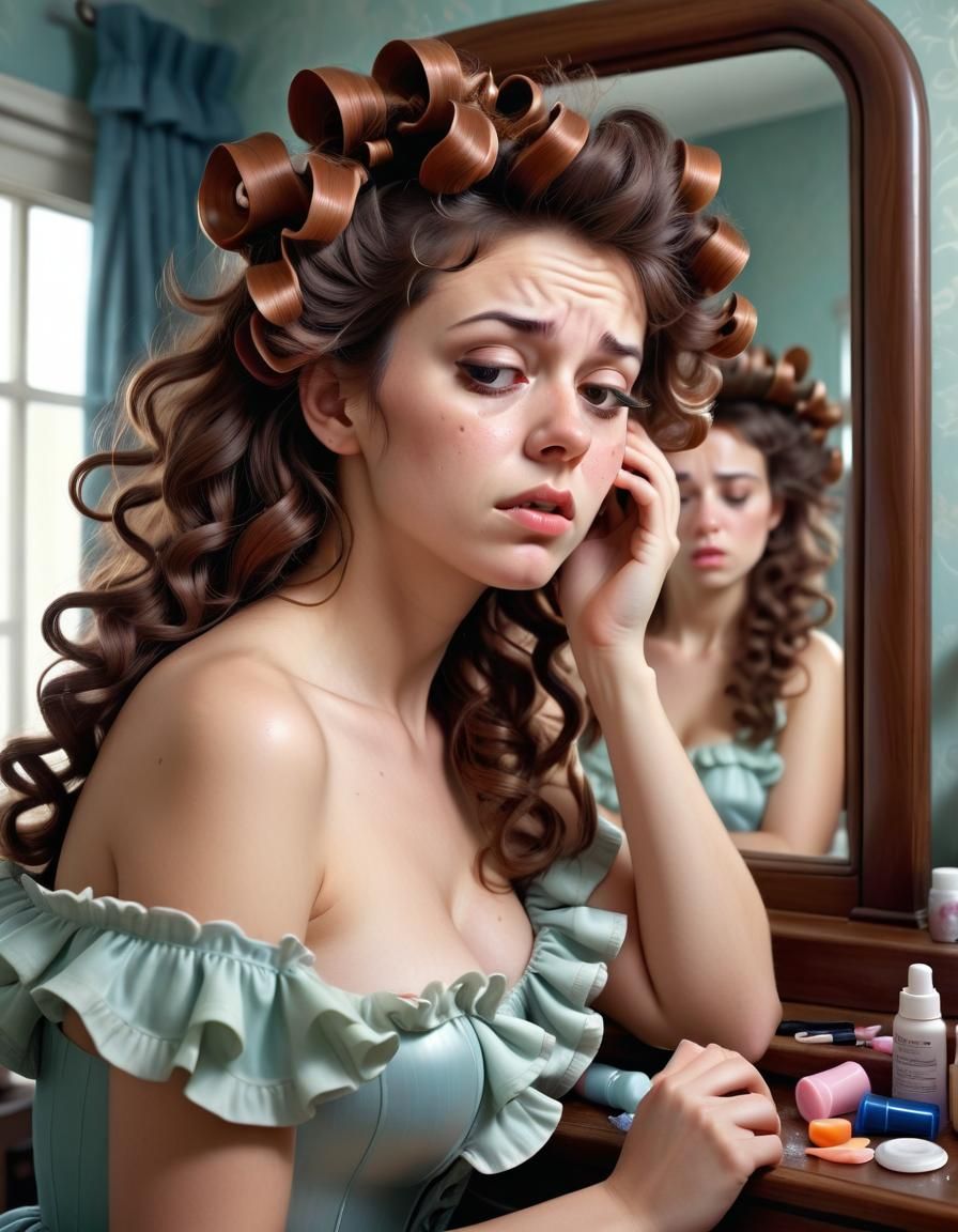 Hyperrealistic Woman with Curlers in her Hair