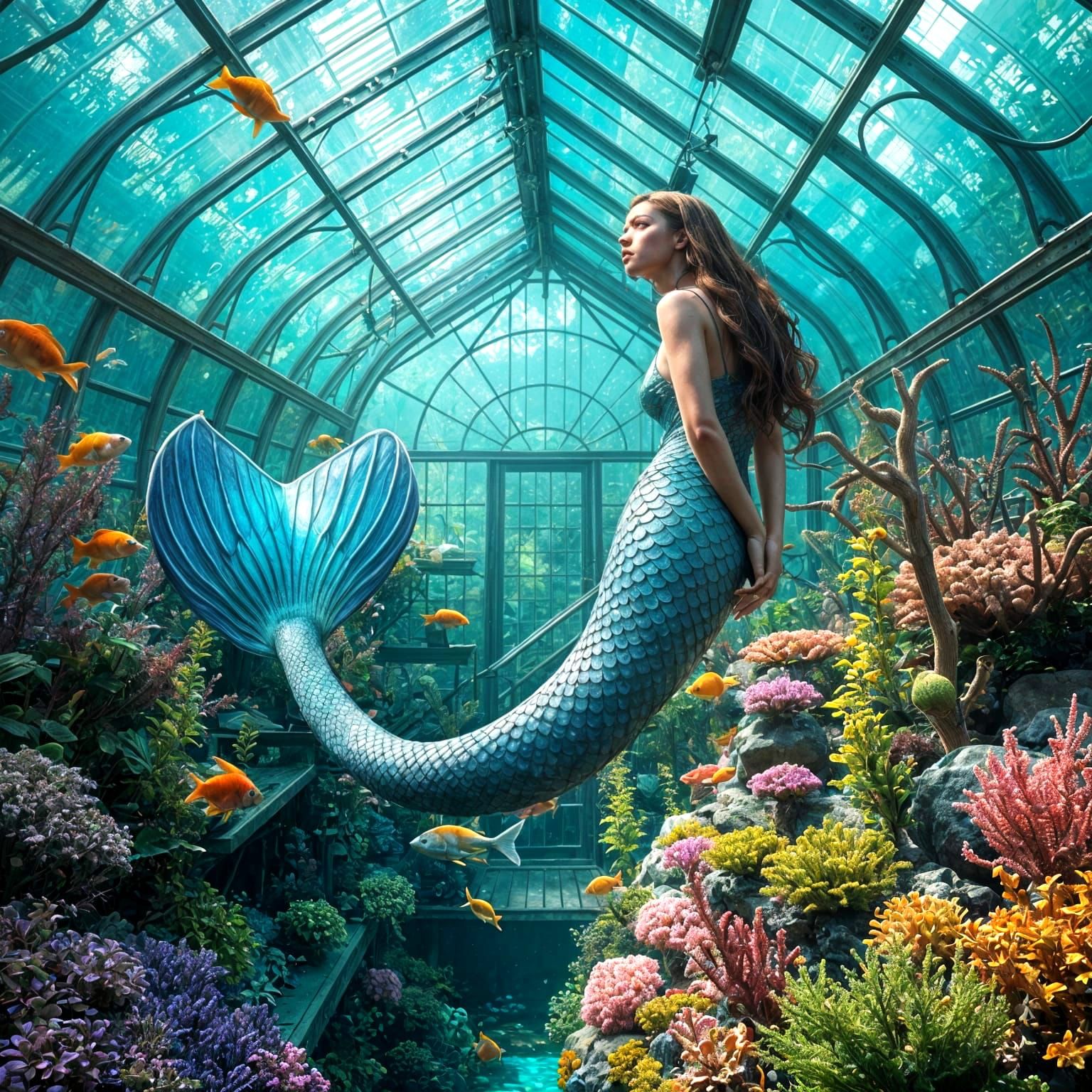 Surreal Mermaid in a Vibrant Underwater Greenhouse