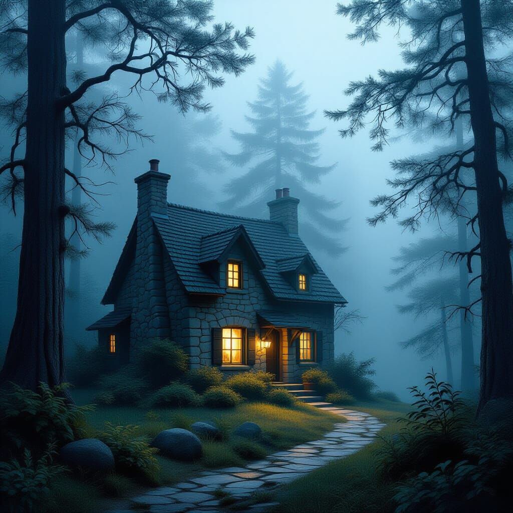 Cozy Cottage in Foggy Forest, Hyperrealistic Digital Paintin...