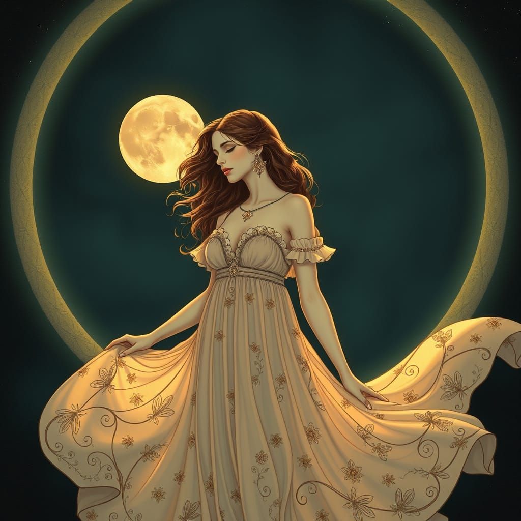 Moonlit Woman in Flowing Gown: Art Nouveau Style