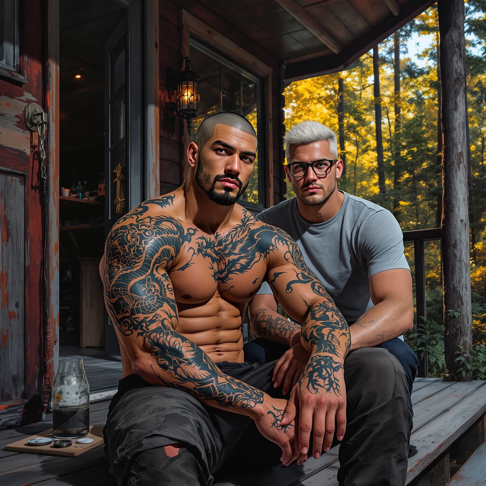 Asian Athlete and German Boyfriend on Cabin Porch