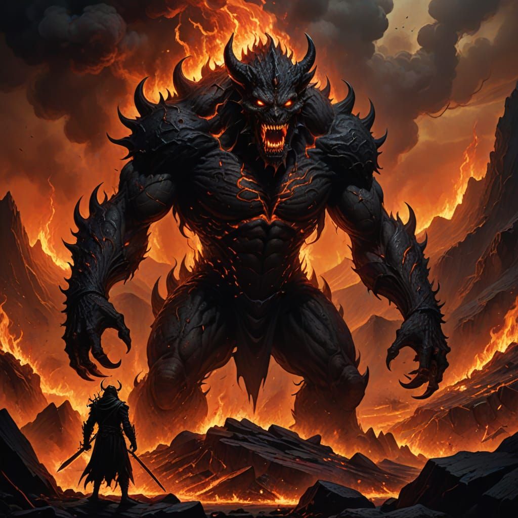 Terrifying Shadow Monster Before Fiery Devil in Dark Fantasy...