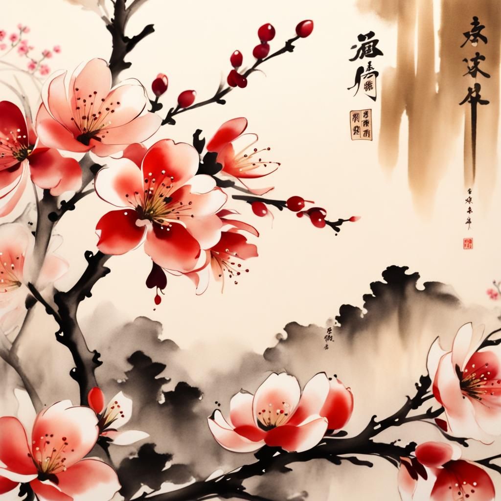 Muted Chinese Ink Painting of Plum Blossoms