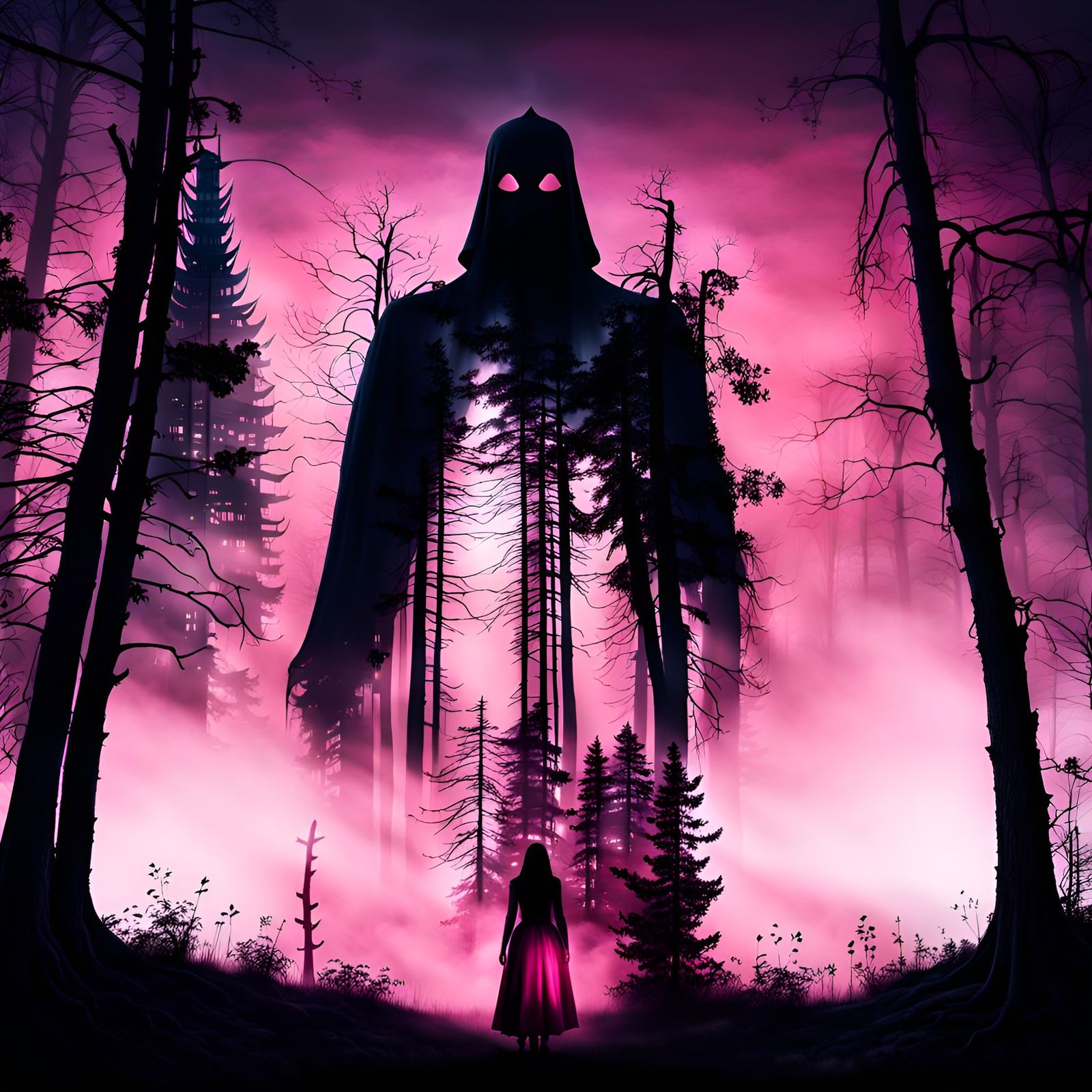 Eerie Twilight Forest with Ghostly Silhouette