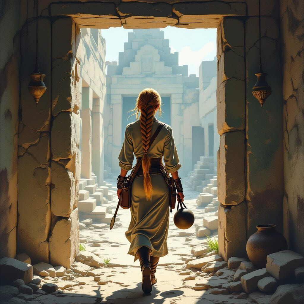 Explorer Enters Druid Society Ruins in Surreal Style