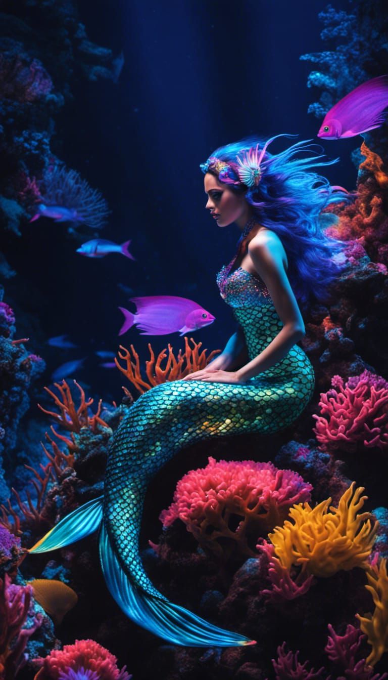 Neon Mermaid Under Black Light in Underwater Scene