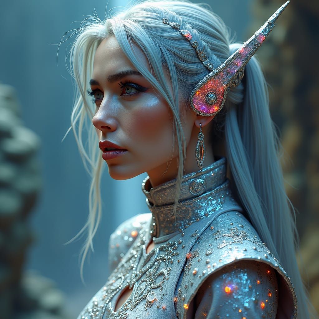 Enigmatic Woman in Silver Suit, Hyperrealistic Matte Paintin...