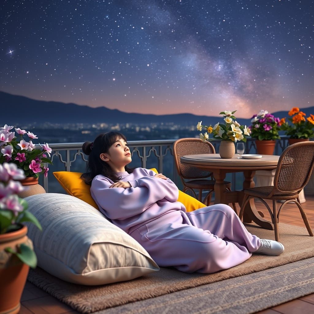 Serene Nighttime Scene with Stargazing Woman