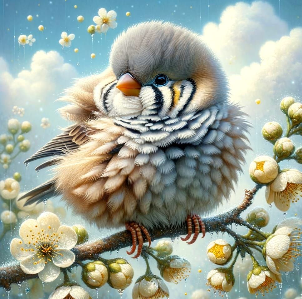 Fluffy Zebra Finch in Garden, Watercolour Painting