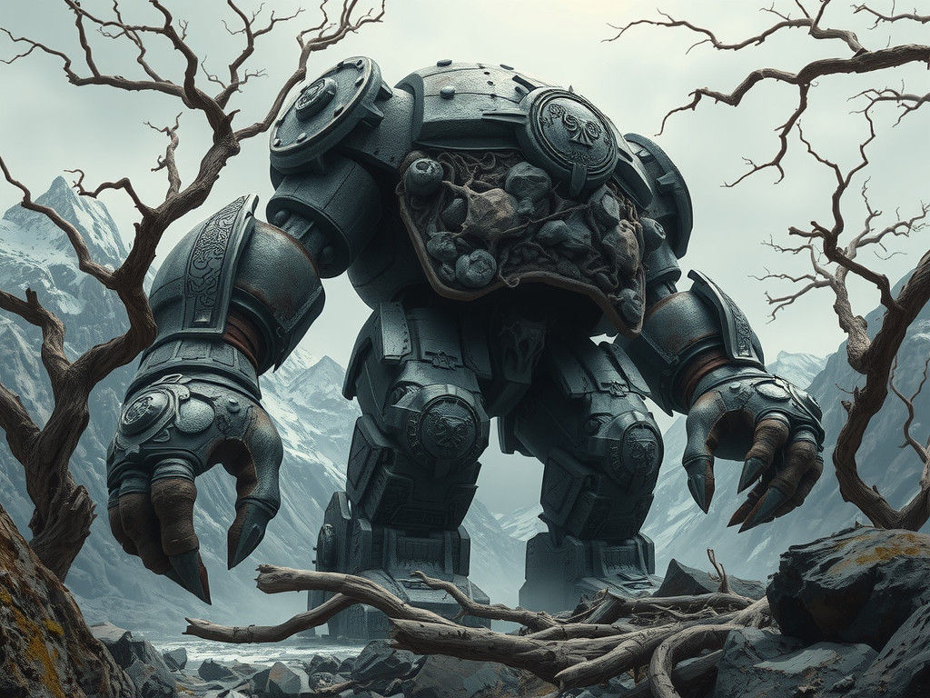 Colossal Earth Golem in Weathered Steel Armor