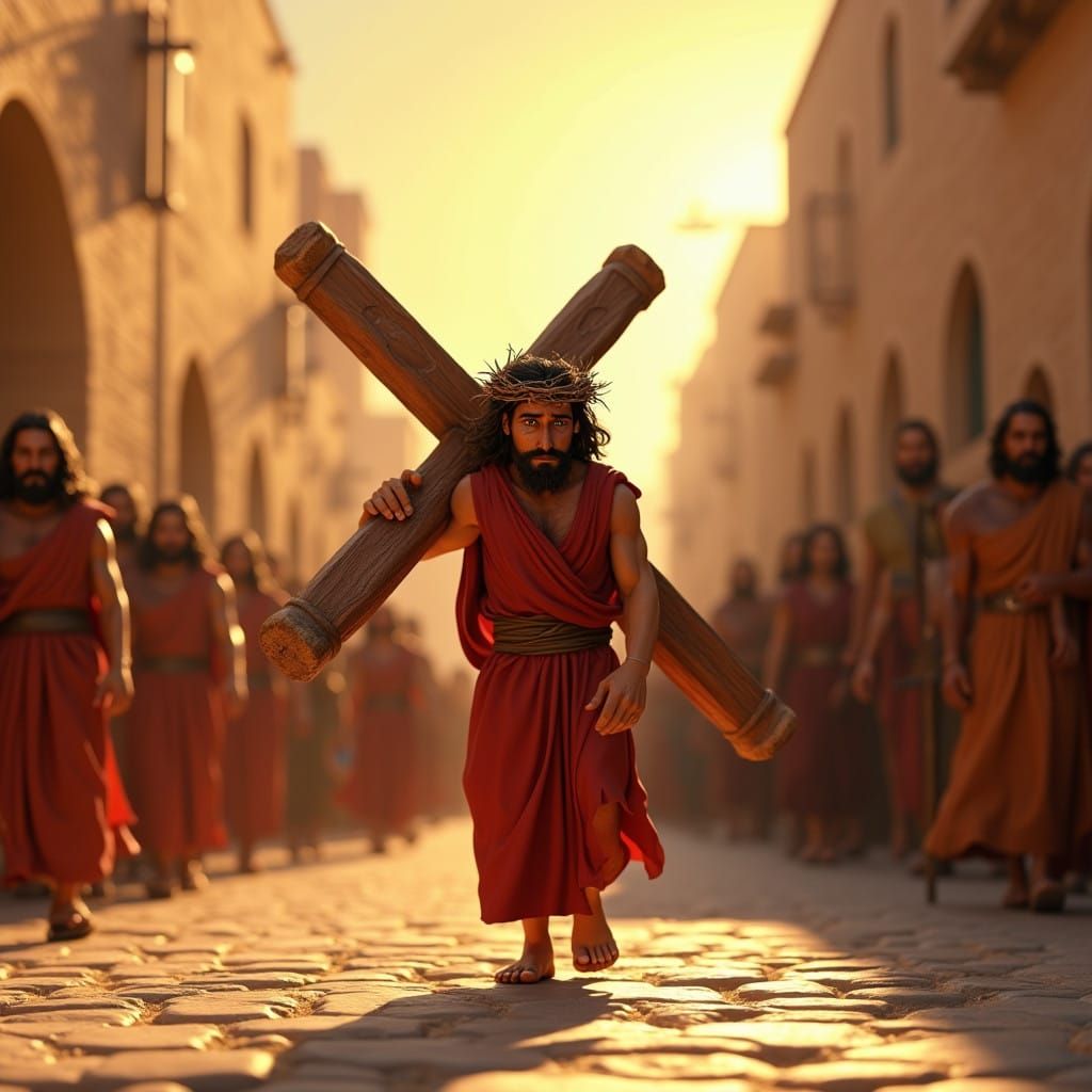 Disney-Style Jerusalem Street Scene with Man and Wooden Cros...