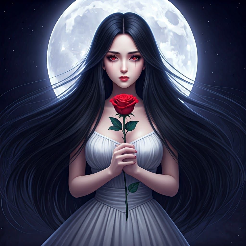 Melancholic Anime Goddess in Soft Moonlight