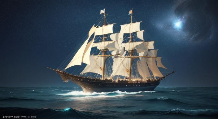 Sailing Ship Navigates a Dreamscape Ocean of Stars