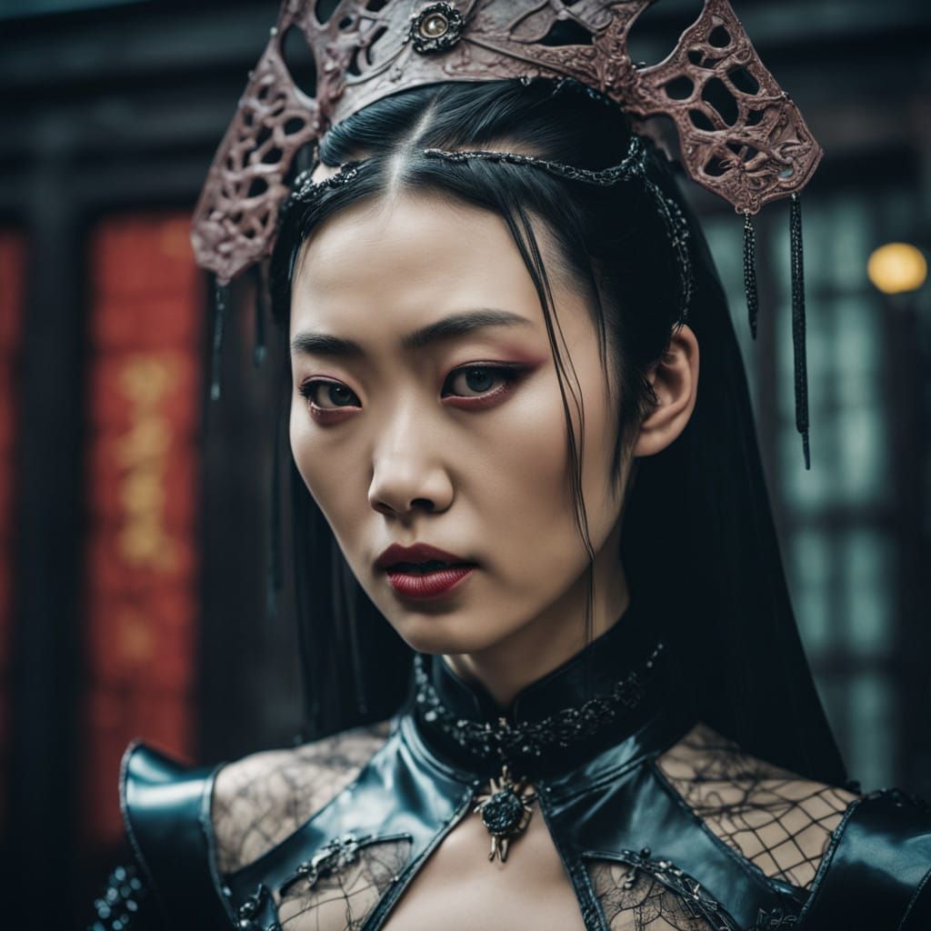 Gothic Chinese Goddess in Latex and Lace, Cinematic Portrait