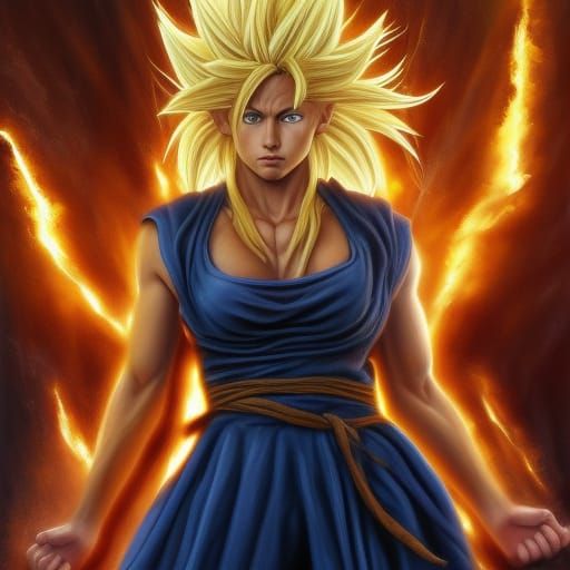 Super Saiyan Woman in Combat: Hyperrealistic Digital Art