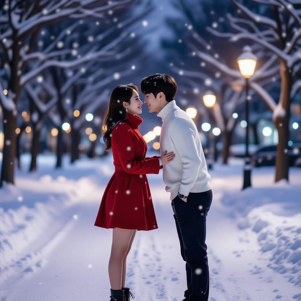 Korean Couple's Romantic Snowy Park Kiss