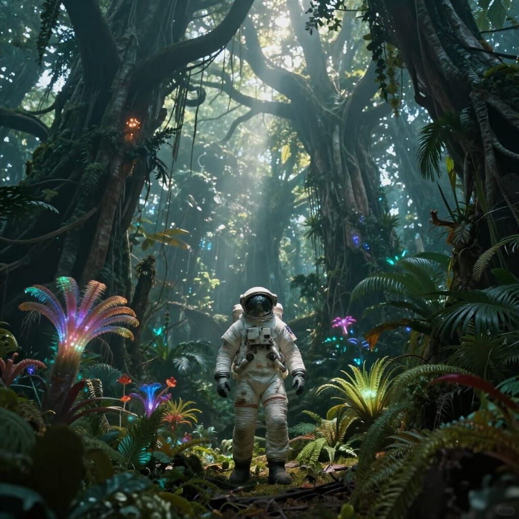 Astronaut Lost in Bioluminescent Alien Jungle