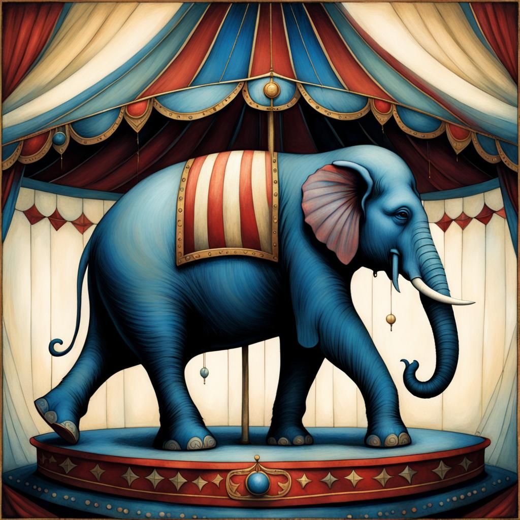 Blue Elephant Balancing in Circus Tent