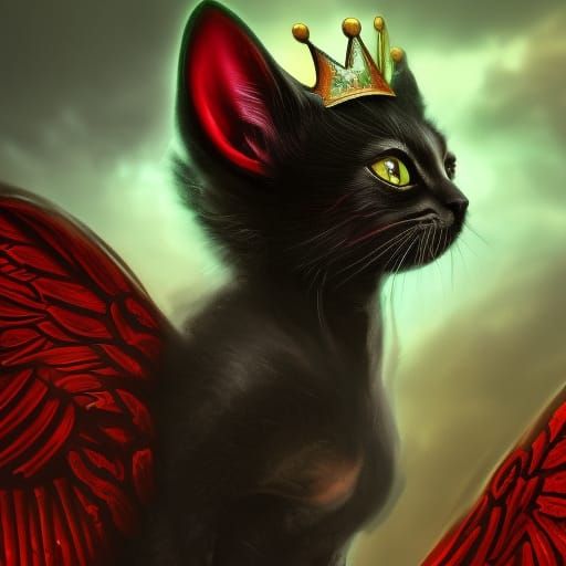 black medieval kitten with a red crown and wings and green e...