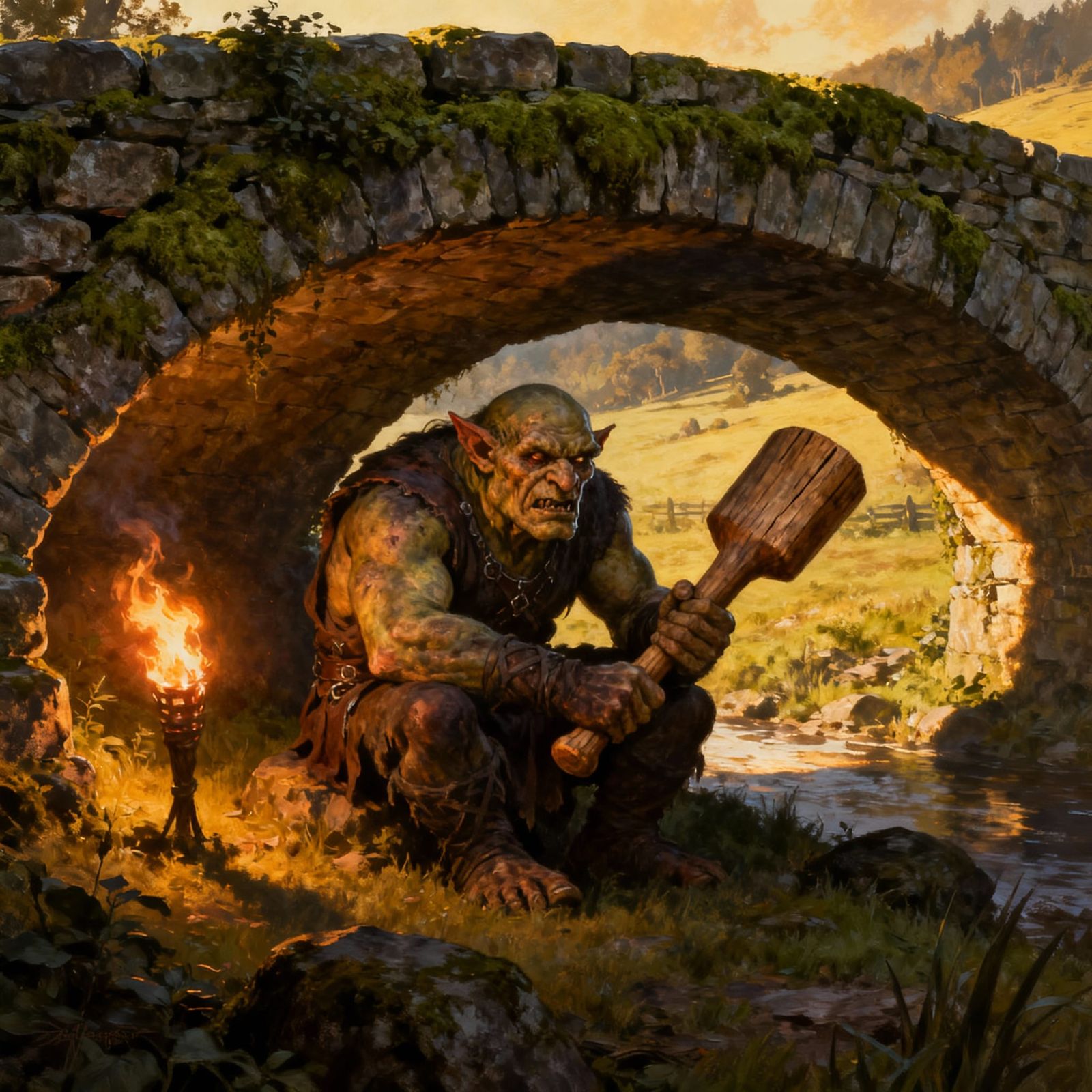 Grotesque Troll Under Stone Bridge in Golden Hour Light