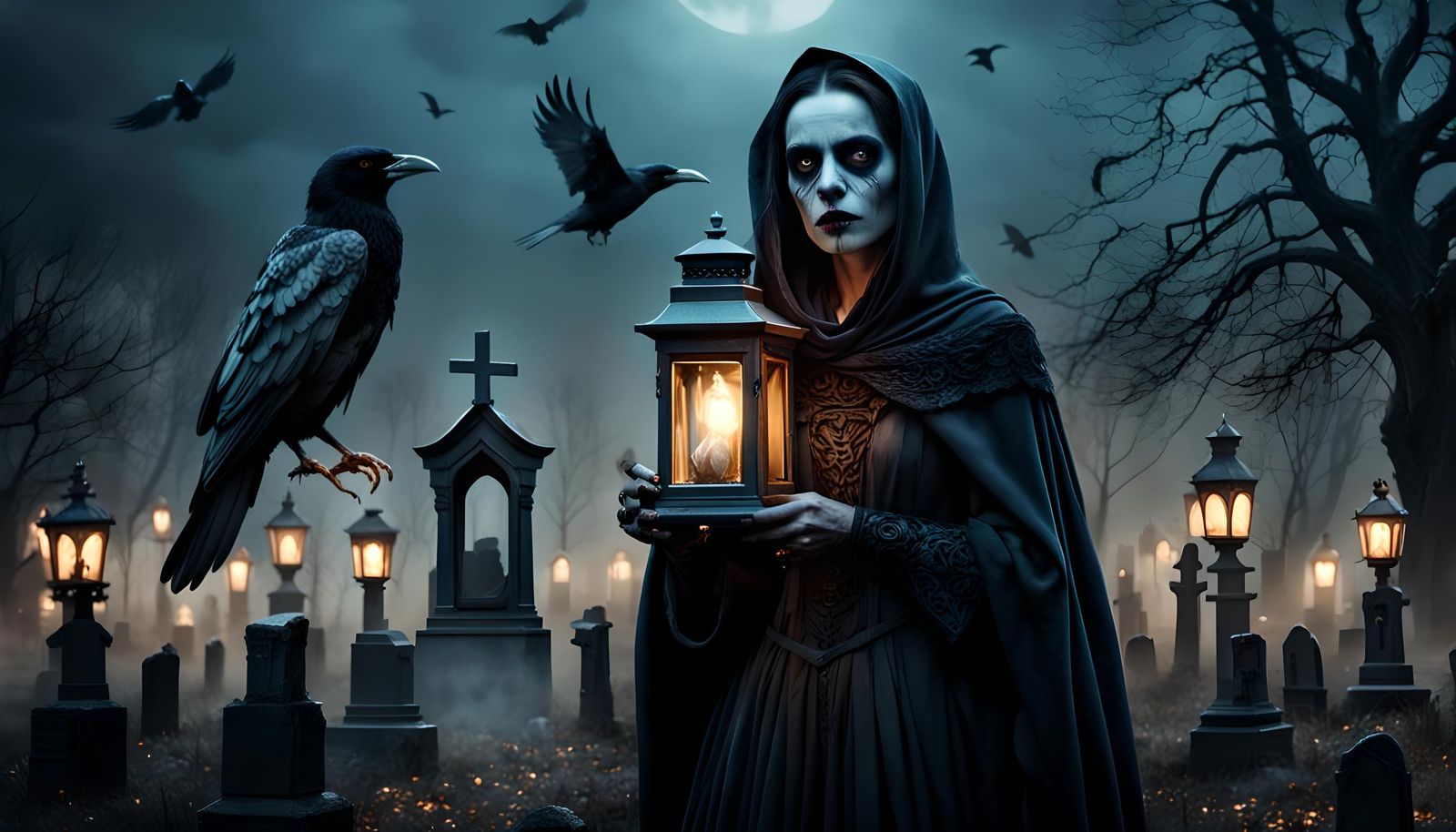 Death with Lantern in Cemetery at Night