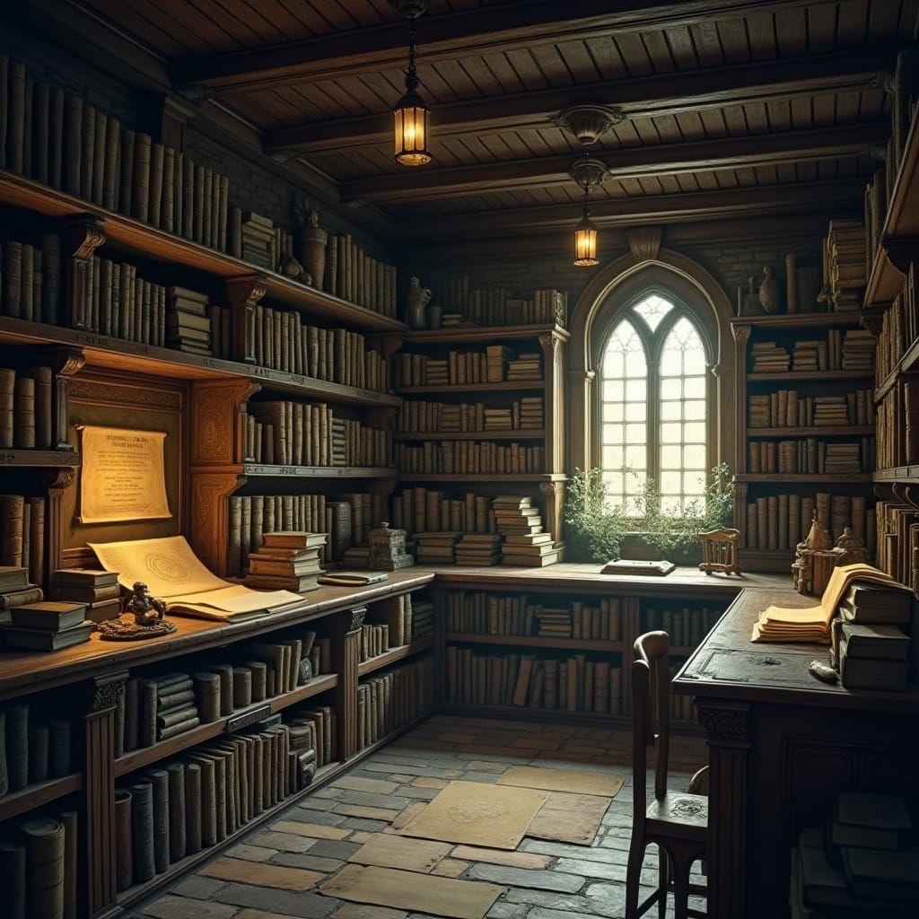 Medieval Library of Forgotten Knowledge in a Golden Glow