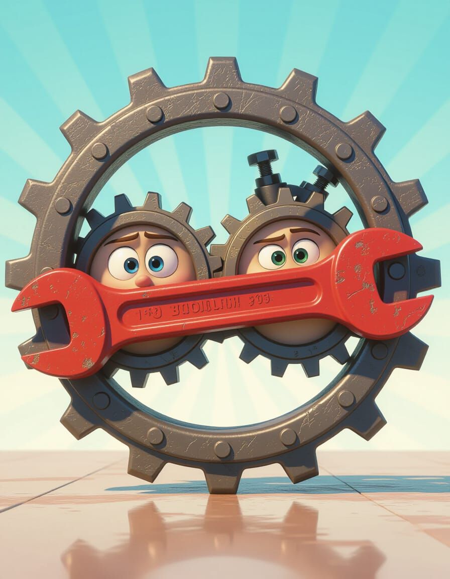 Cartoon Wrench Trapped Between Gears in Machine
