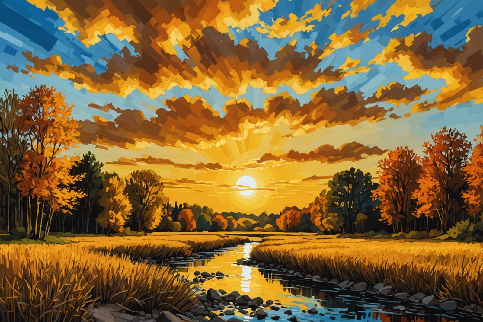 Golden Sunset Creek: Impressionistic Landscape Painting