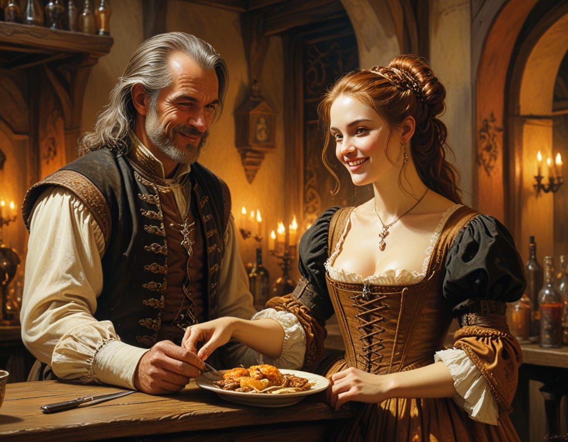 French Merchant Savoring a Meal in a Cozy Tavern