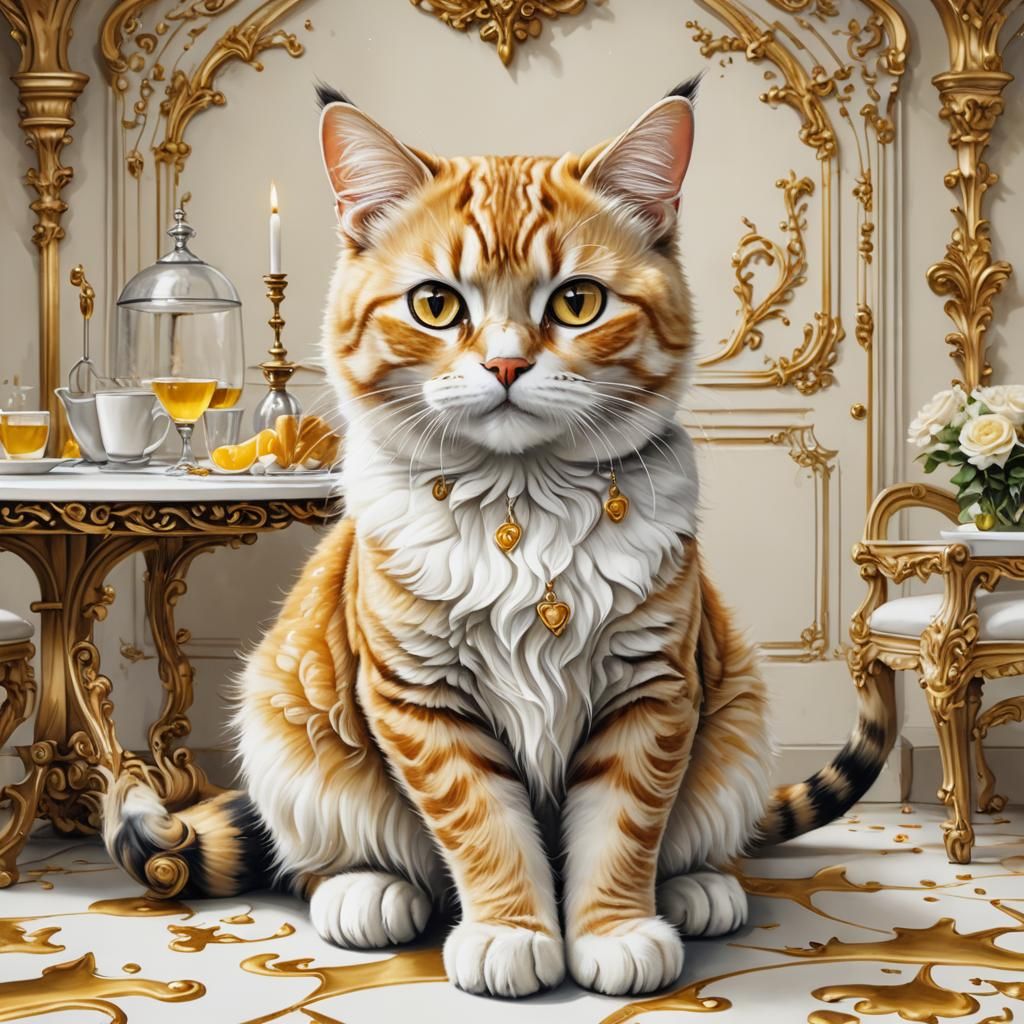 Cute Cat in Baroque Style Airbrush Illustration