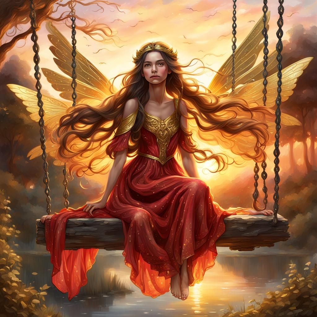 Fairy Princess on Swing at Sunset: Fantasy Art