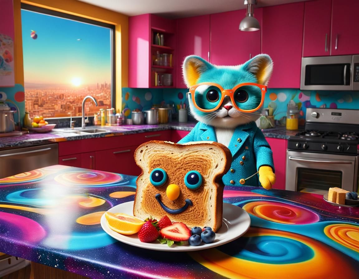Anthropomorphic Toast in a Hyperrealistic Kitchen Wonderland
