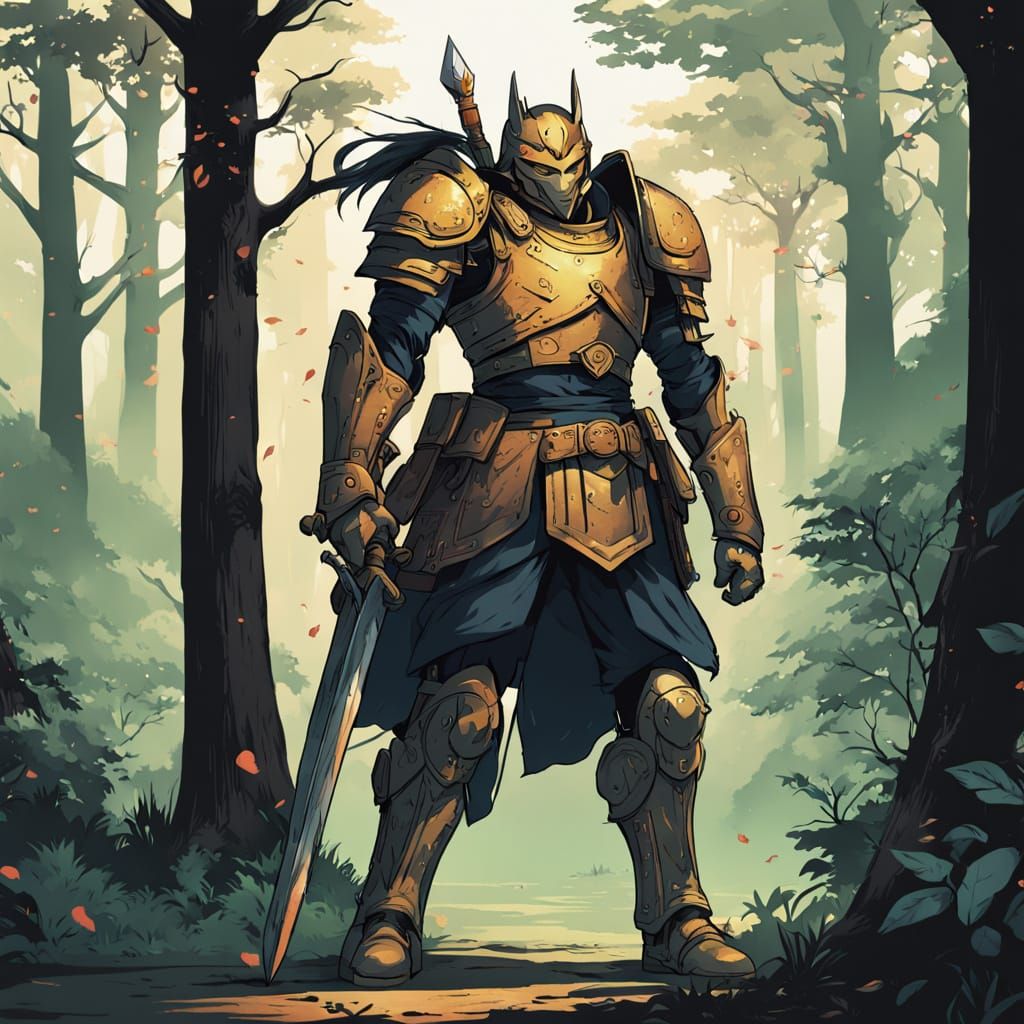 Epic Warrior in a Golden Forest, in Cel-Shaded Anime Style
