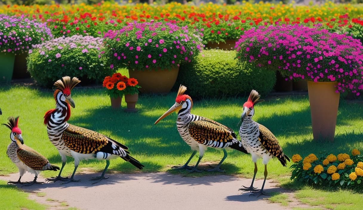 Hoopoes Foraging in a Sunny Flower Garden