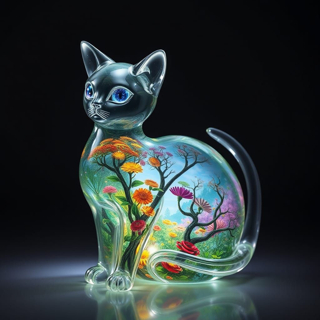Intertwined Glass Cats Revealing Dreamlike Mindscapes